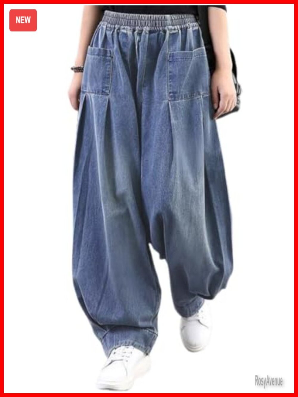 Elastic Waist Pleated Wide Leg Baggy Denim Harem Pants with Pockets